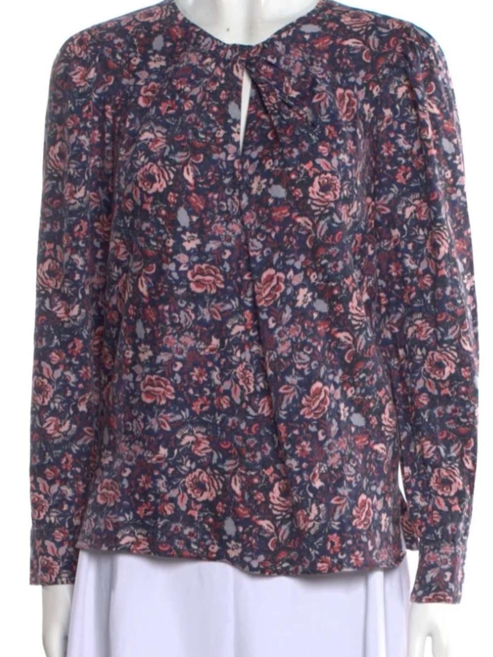Rebecca Taylor Navy Floral Keyhole Blouse with Pink Accents